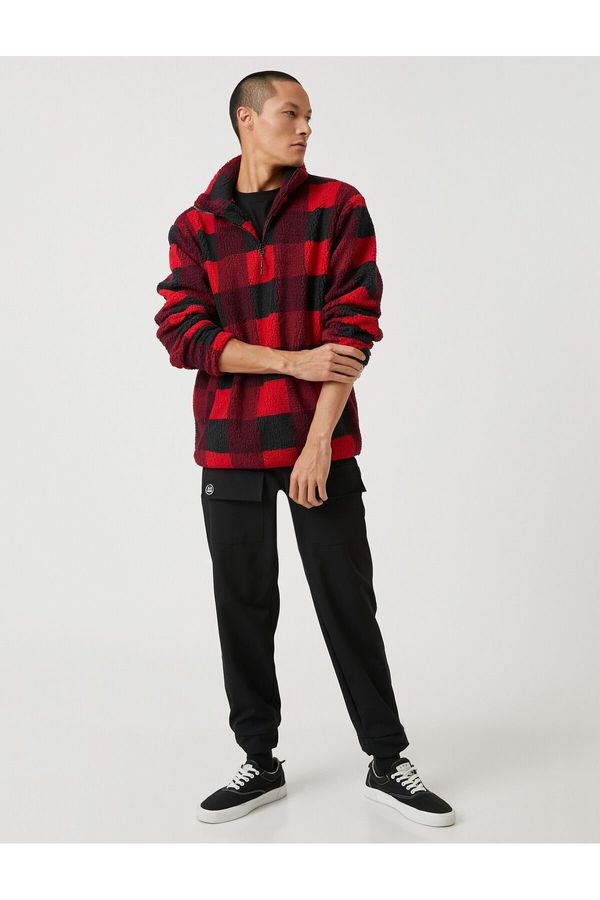 Koton Koton Checkered Sweatshirt High Neck Half Zipper Pocket Detailed