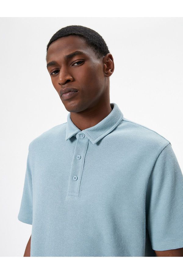 Koton Koton Collar T-Shirt Button Detailed Short Sleeve Textured