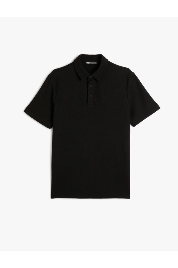 Koton Koton Collar T-Shirt Button Detailed Short Sleeve Textured