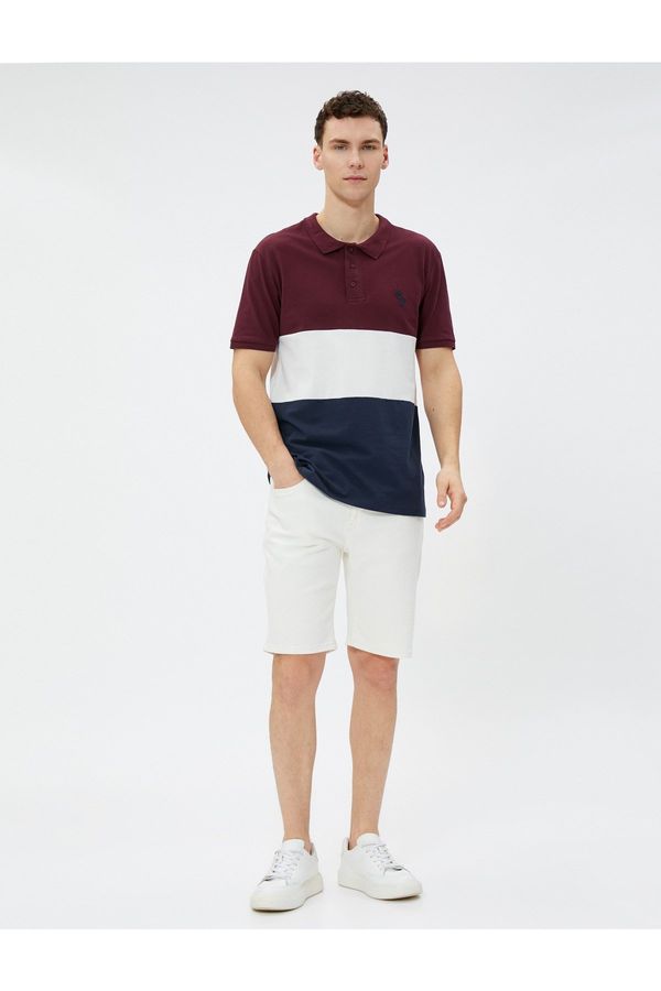 Koton Koton Color Block T-Shirt with Palm Print and Buttons, Short Sleeve Polo Neck T-Shirt.
