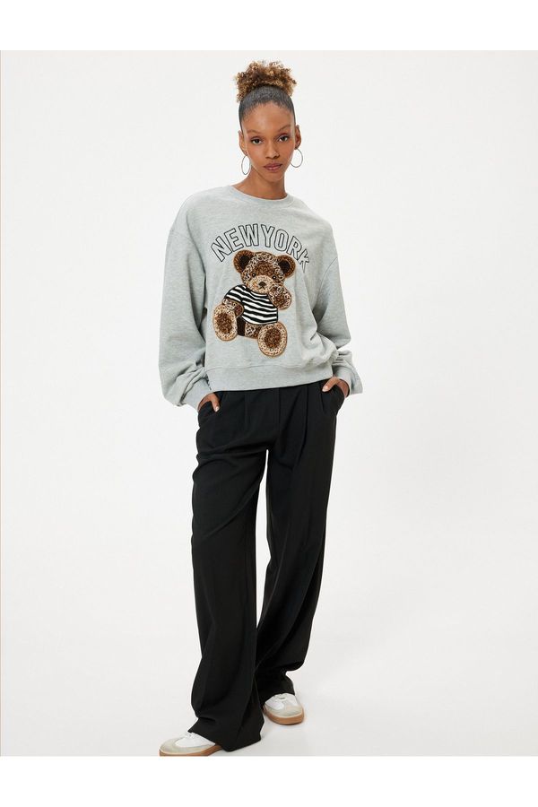 Koton Koton Crew Neck Sweatshirt Oversize Teddy Bear Embroidered Slogan Raised