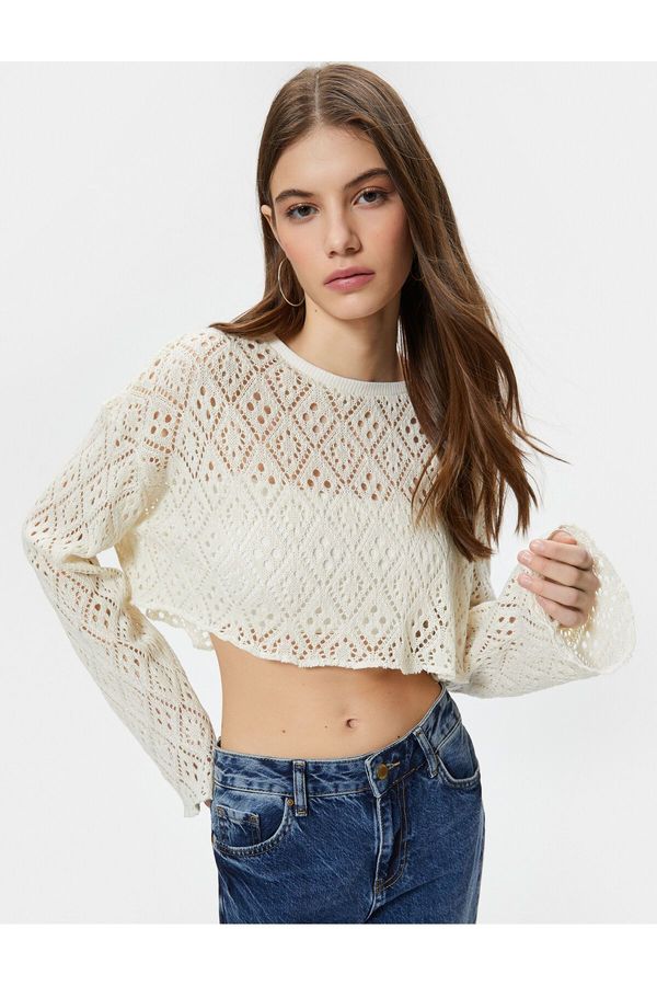 Koton Koton Crochet Crop Top Long Wide Sleeves Crew Neck Openwork