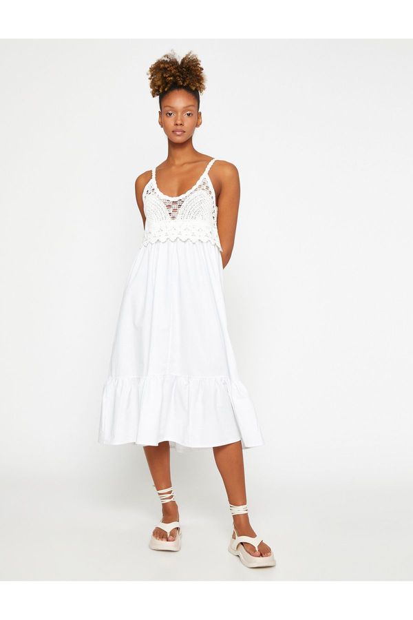 Koton Koton Crochet Detailed Midi Dress with Straps and Ruffles.