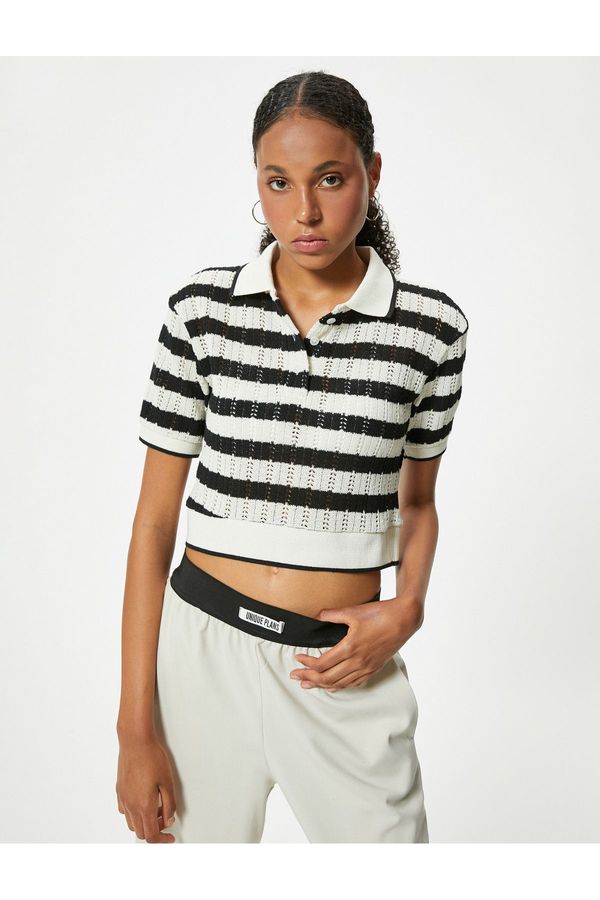 Koton Koton Crochet Polo Neck T-Shirt Crop Short Sleeve Button Detailed