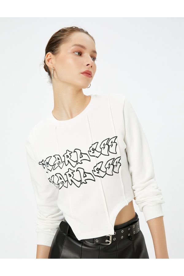 Koton Koton Crop Asymmetrical Cut Sweatshirt Raised Corset Detailed Printed
