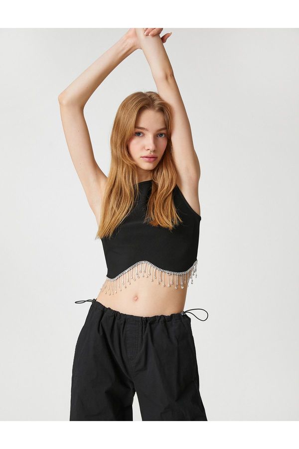 Koton Koton Crop Athlete Dangling Shiny Stone Detailed Crew Neck