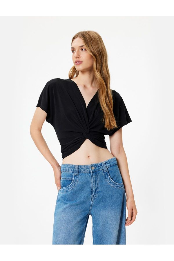 Koton Koton Crop Blouse Knot Detailed V-Neck Short Bat Sleeve