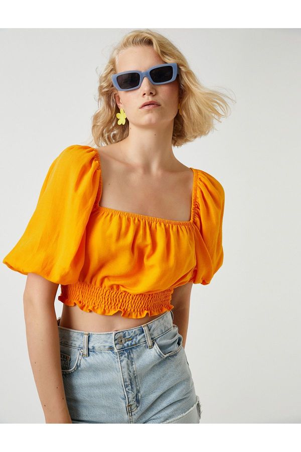 Koton Koton Crop Blouse with Elastic Waist Linen Blend