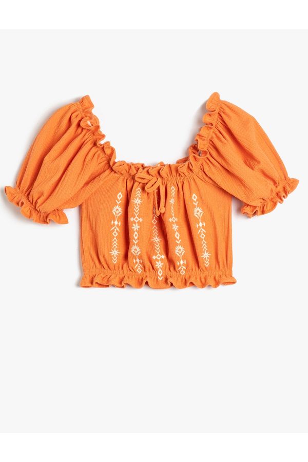 Koton Koton Crop Blouse with Ruffle Embroidered Short Sleeves with Pleated Front