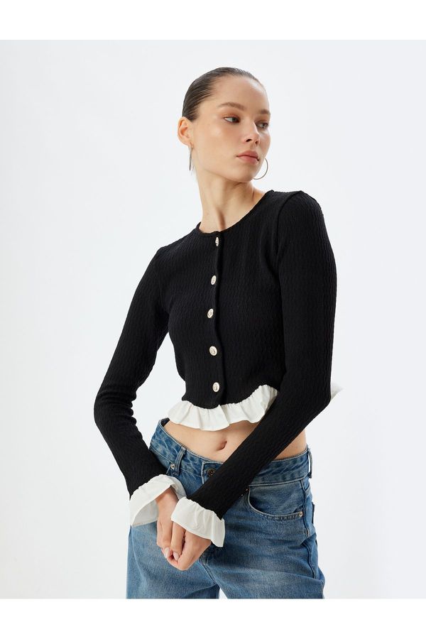 Koton Koton Crop Cardigan Buttoned Ruffle Detailed Crew Neck Slim Fit