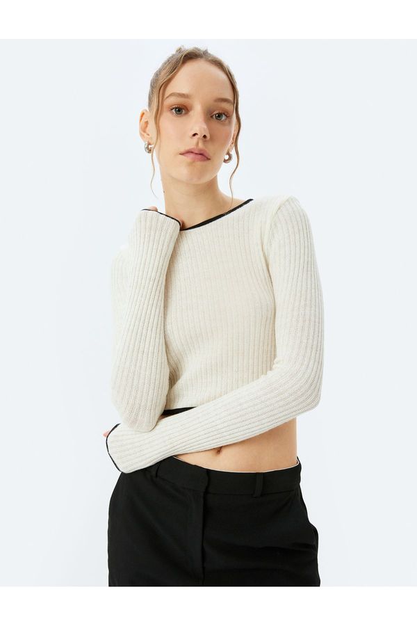 Koton Koton Crop Crew Neck Trim Textured Long Sleeve T-Shirt
