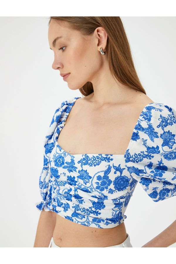 Koton Koton Crop Floral Blouse Square Neck Balloon Sleeves