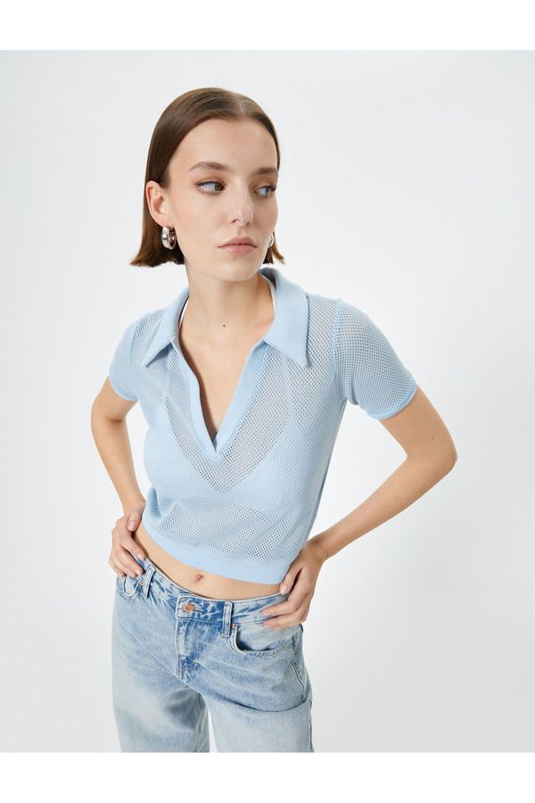 Koton Koton Crop Mesh T-Shirt Polo Neck Short Sleeve