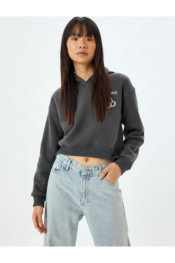 Koton Koton Crop Oversize Sweatshirt Hooded Back Printed Raised