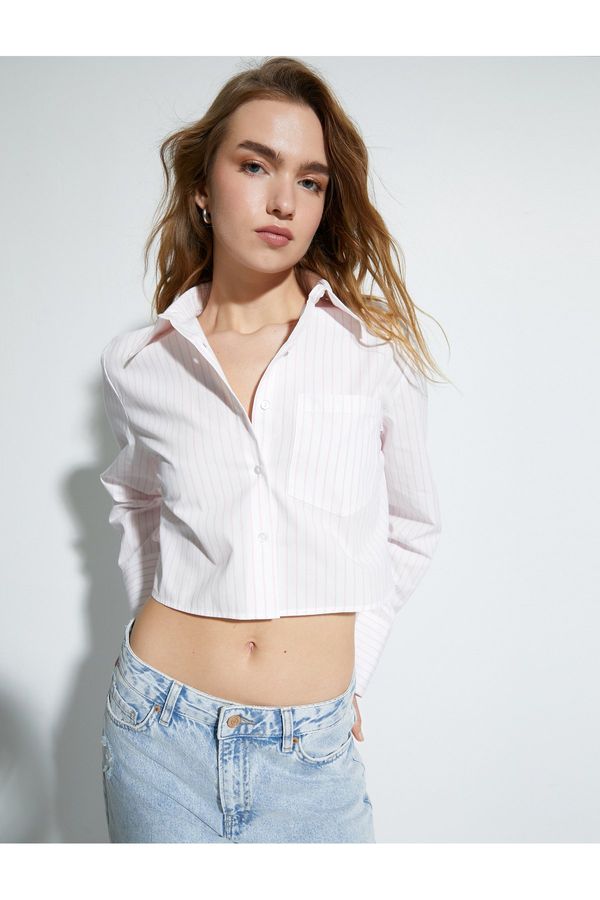 Koton Koton Crop Poplin Shirt Long Sleeve Pocket Detailed Buttoned Classic Collar