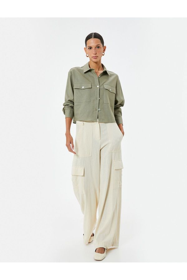Koton Koton Crop Shirt Linen Blend Long Sleeve Pocket Buttoned