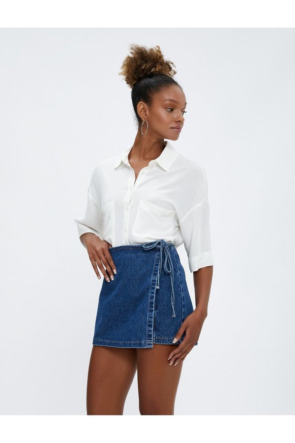 Koton Koton Crop Shirt Linen Blend Off Shoulder Short Sleeve Pocket Detailed