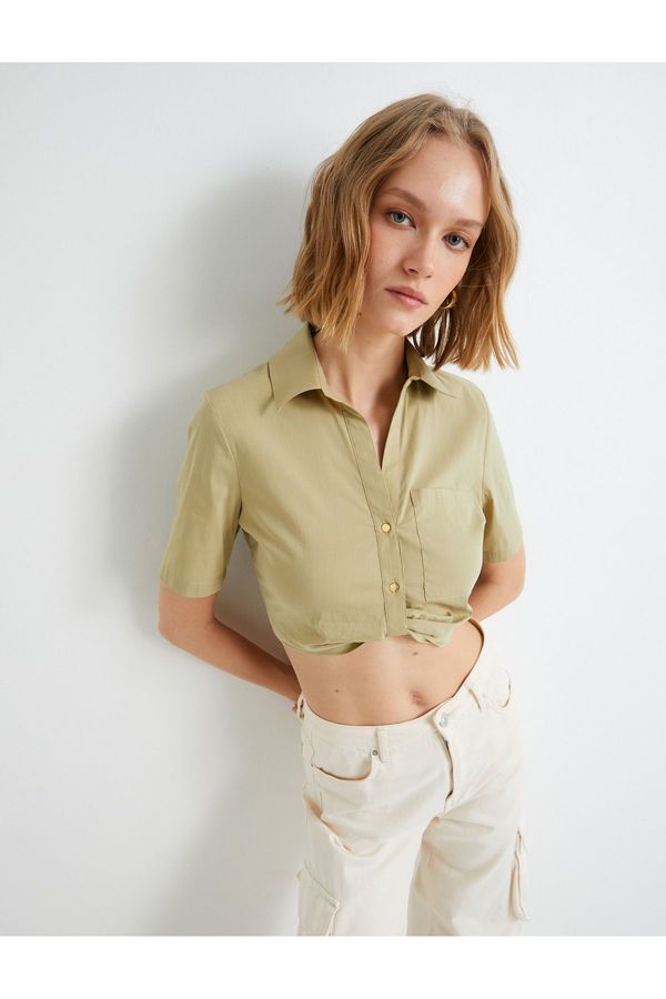 Koton Koton Crop Shirt Short Sleeve Pocket Detailed