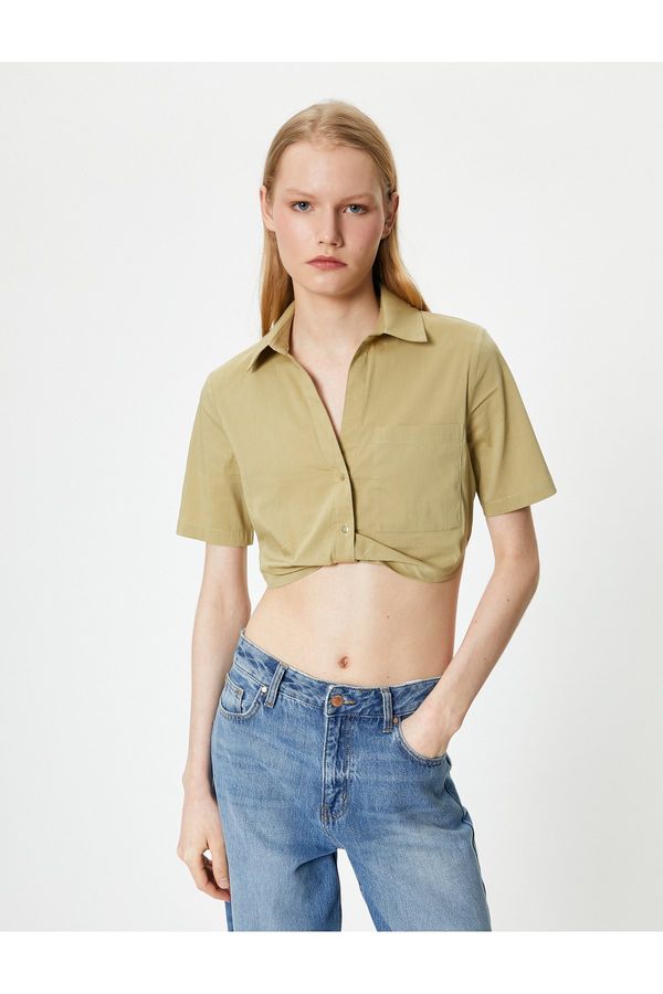 Koton Koton Crop Shirt Short Sleeve Pocket Detailed