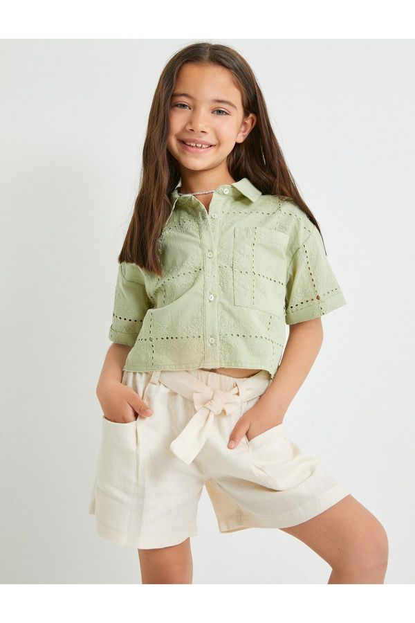 Koton Koton Crop Shirt Short Sleeve Scalloped Detailed Cotton