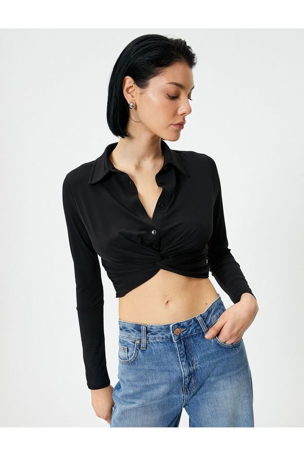 Koton Koton Crop Shirt Slim Fit Classic Collar with Binding Detail