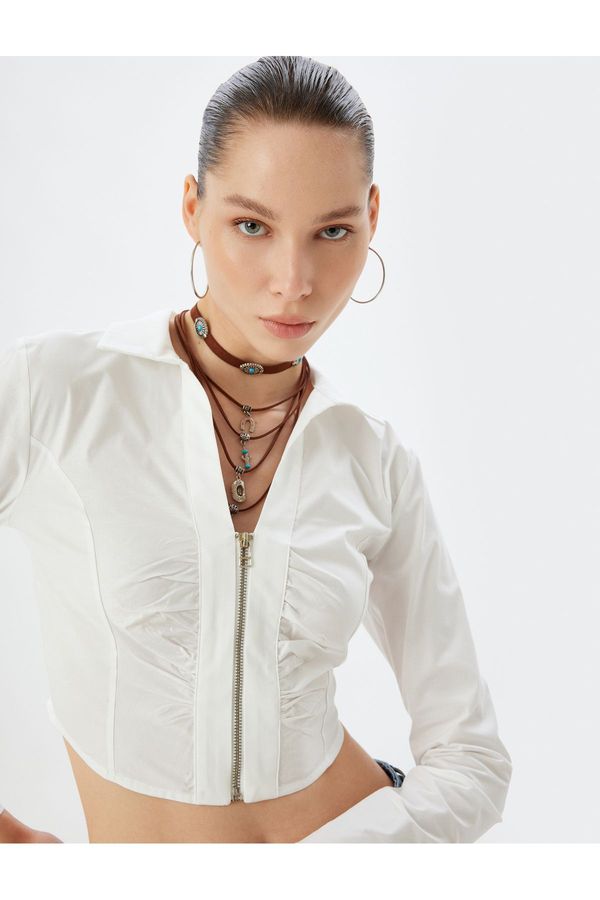 Koton Koton Crop Shirt Zippered Long Sleeve Draped