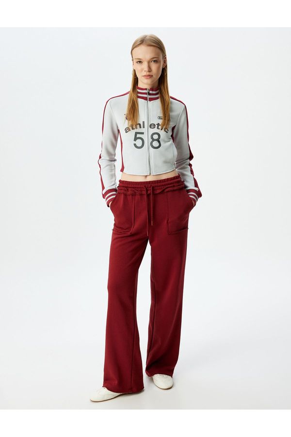 Koton Koton Crop Slim Fit Stand Collar College Printed Zippered Sweatshirt