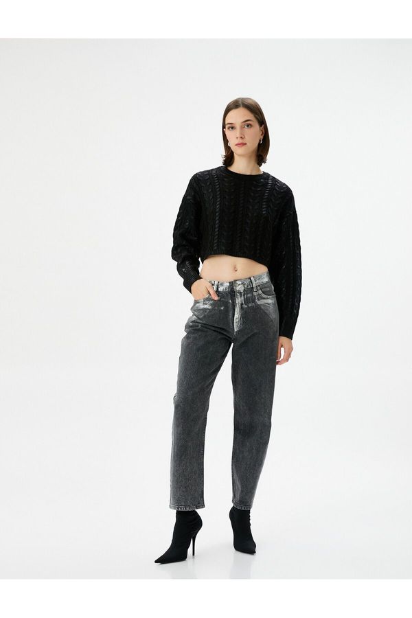 Koton Koton Crop Sweater Knit Crew Neck Hair Braid Textured