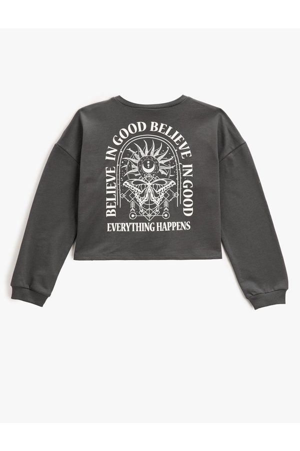 Koton Koton Crop Sweatshirt Printed Crew Neck