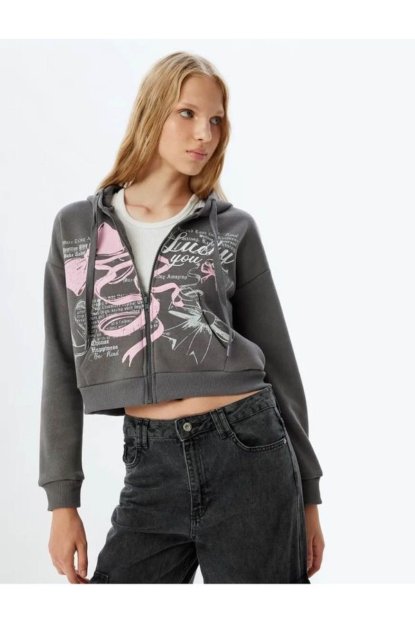 Koton Koton Crop Sweatshirt Zippered Hooded Printed Pocket Detailed Raised