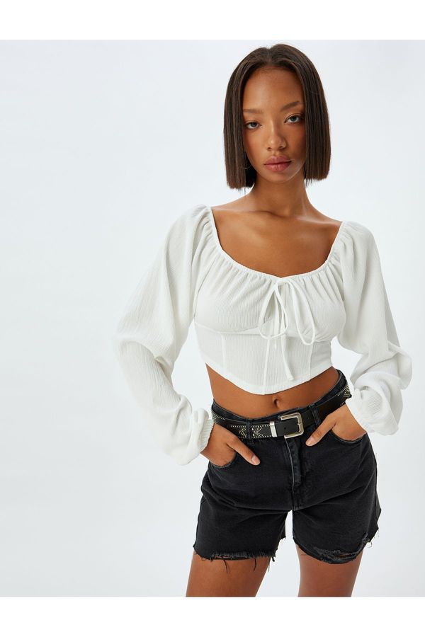 Koton Koton Crop T-Shirt Balloon Sleeve Lace-up Corset Detailed Sweetheart Neckline