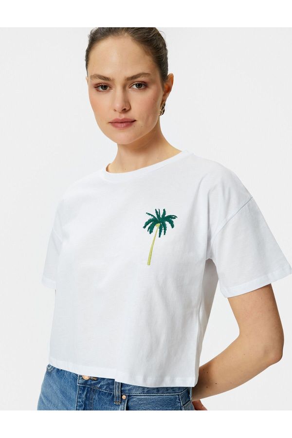 Koton Koton Crop T-Shirt Short Sleeve Crew Neck Embroidery Detailed