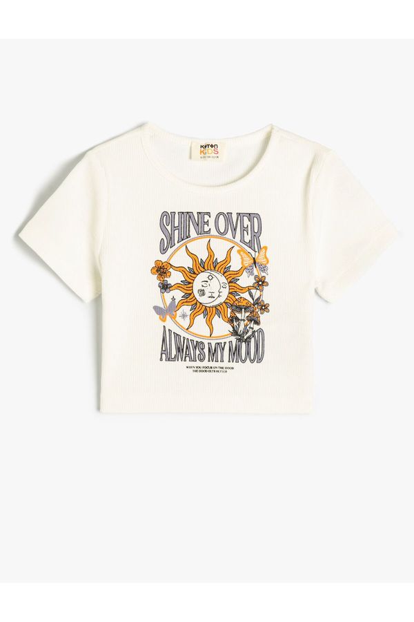 Koton Koton Crop T-Shirt Sun Printed Crew Neck Cotton