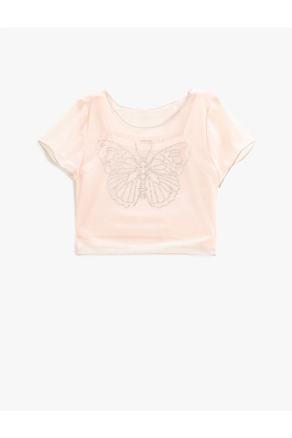 Koton Koton Crop T-Shirt Tulle Lined Butterfly Embroidered