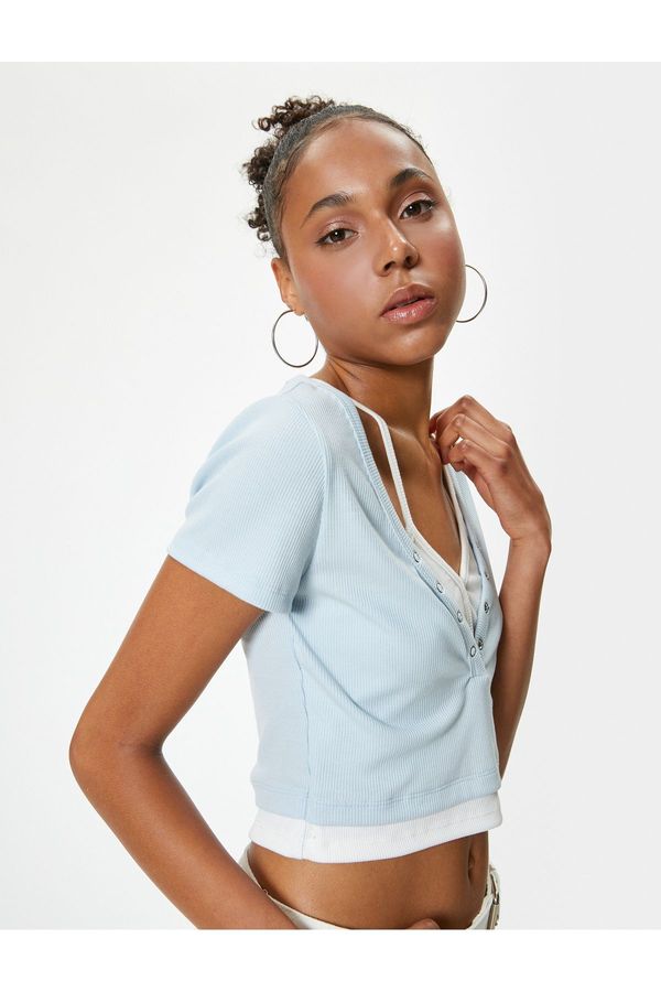 Koton Koton Crop T-Shirt V-Neck Camisole Buttoned Short Sleeve