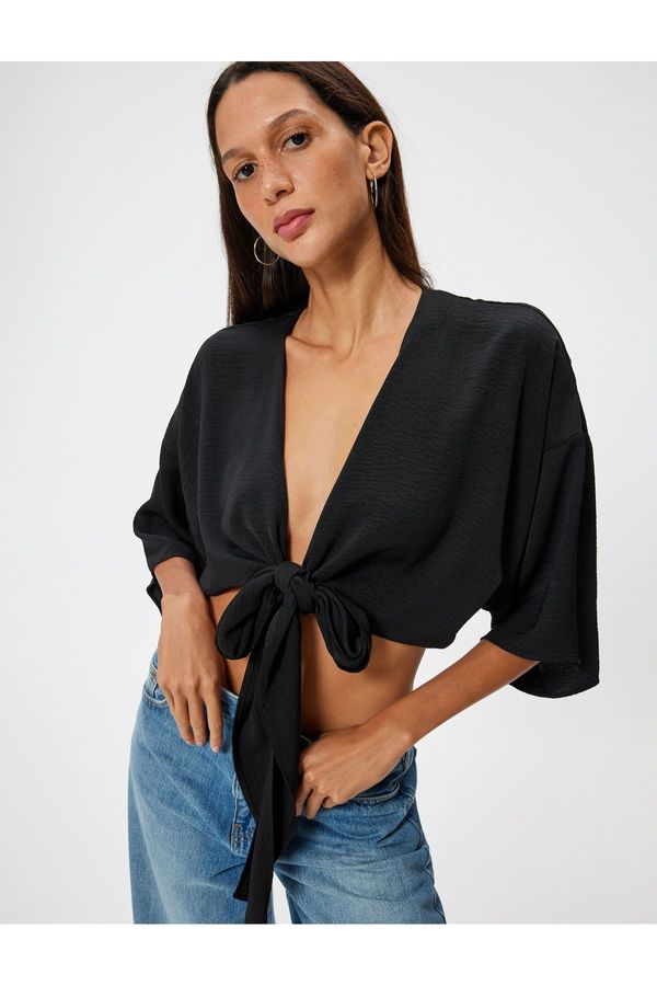 Koton Koton Crop Top V-Neck Tie Detailed Oversize Kimono Sleeve