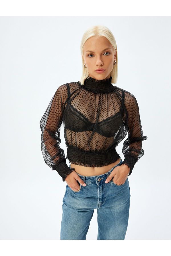 Koton Koton Crop Tulle Transparent Blouse Long Sleeve Stand Collar Cuffs and Elastic Waist