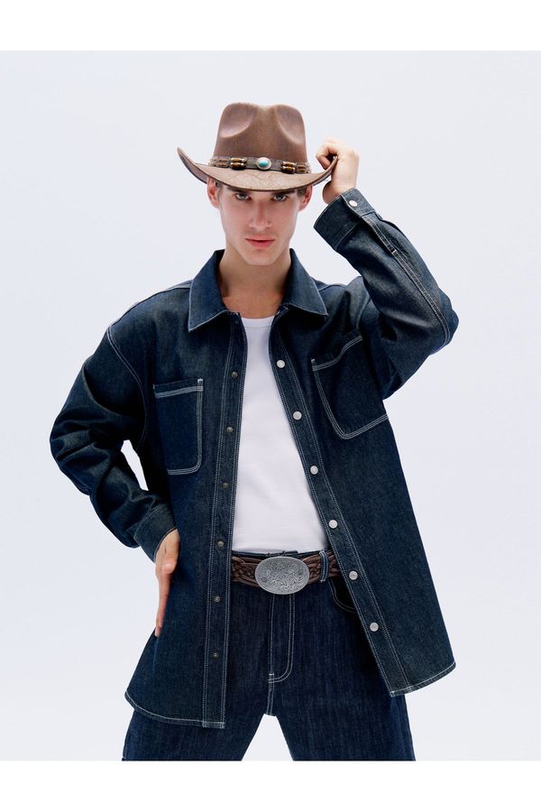 Koton Koton Denim Shirt Jacket Oversize Pocket Detail Cotton