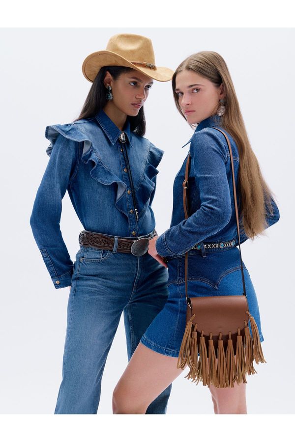 Koton Koton Denim Shirt Ruffle Detailed Long Sleeve Buttoned Loose Fit