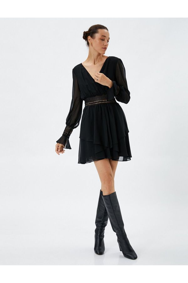 Koton Koton Double Breasted Collar Tulle Mini Dress Lace Detailed Long Sleeve Loose Fit Black