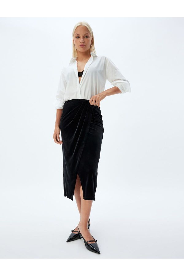 Koton Koton Double Breasted Velvet Skirt Midi Length Asymmetrical Slim Fit