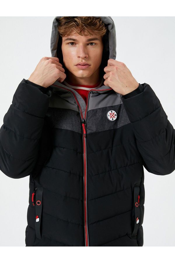 Koton Koton Down Jacket Hooded Printed Color Block Zippered Pocket