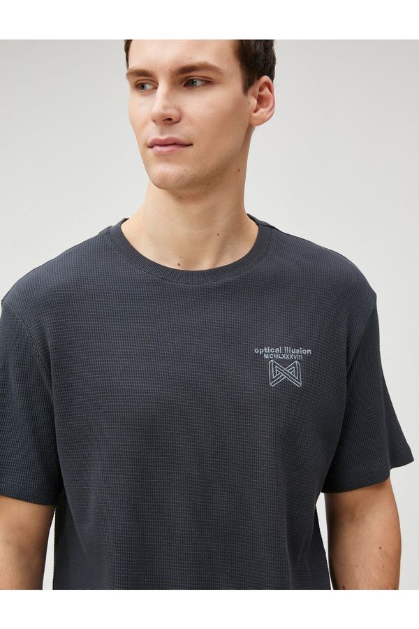 Koton Koton Embroidered Motto T-Shirt Crew Neck Textured Short Sleeve Cotton