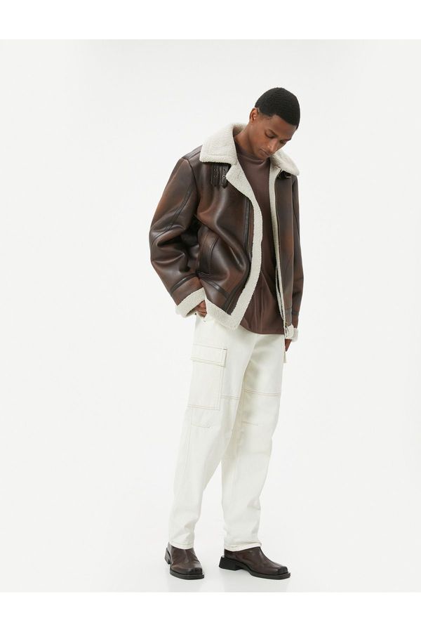 Koton Koton Faux Leather Biker Jacket with Distressed Look Fur Collar and Pockets