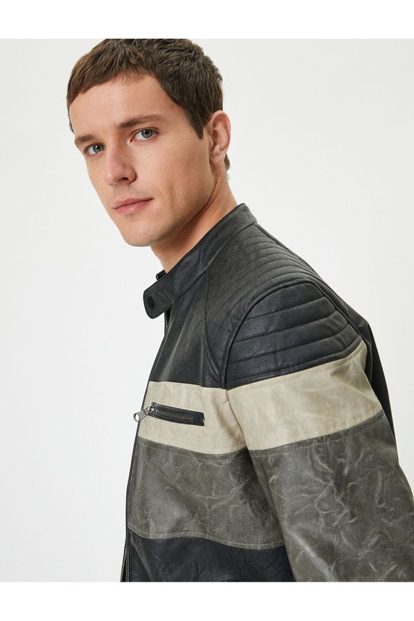 Koton Koton Faux Leather Jacket Color Block Stand Collar Zippered Pocket Slim Fit