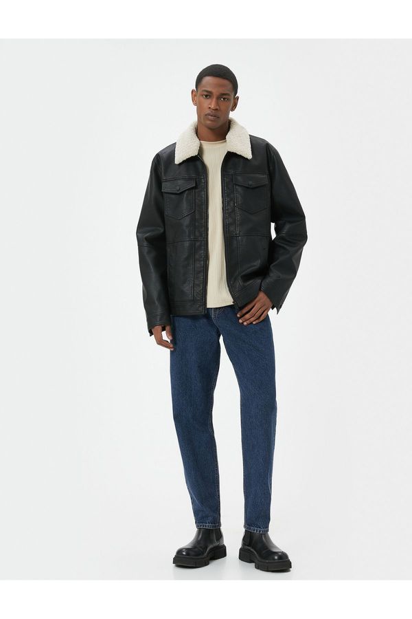 Koton Koton Faux Leather Jacket Fur Collar Pocket Zipper Lined Slim Fit
