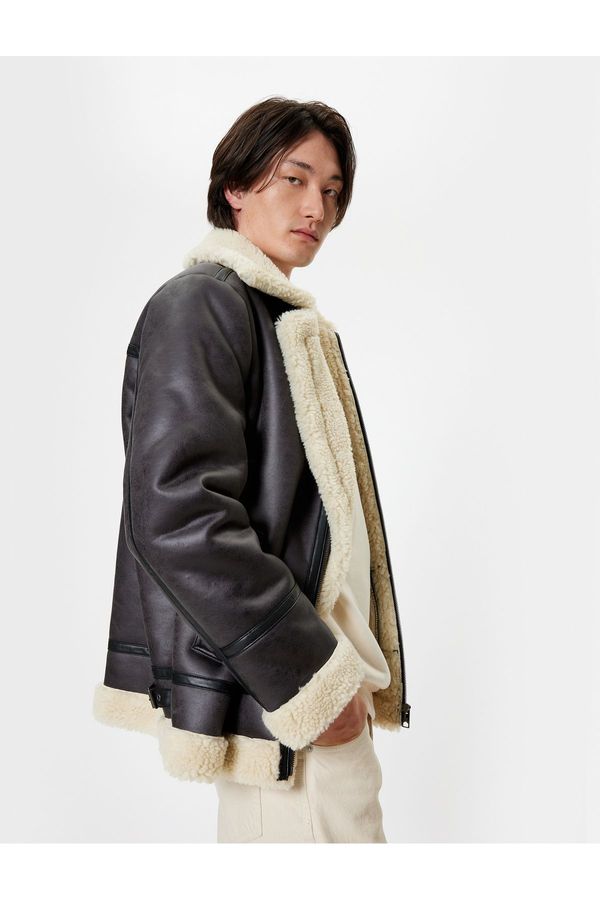 Koton Koton Faux Leather Jacket with Plush Detail and Zipper