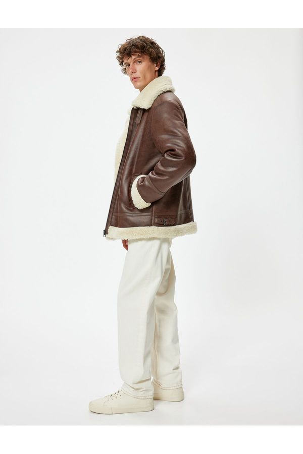 Koton Koton Faux Leather Jacket with Plush Detail and Zipper