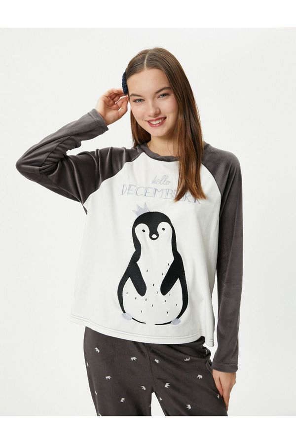 Koton Koton Fleece Pajama Top Penguin Embroidered Crew Neck Raglan Sleeve