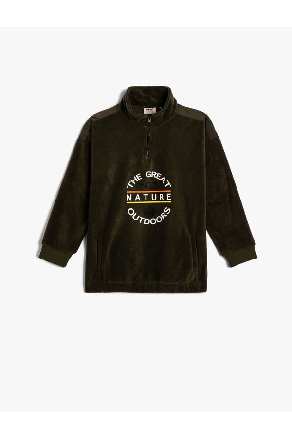 Koton Koton Fleece Sweatshirt Oversize Half Zipper High Neck Pocket Print Detailed
